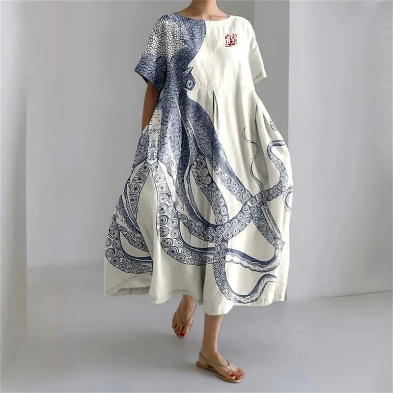 AS | Plus velikost volné letní šaty s kapsou a O-Neck Elegantní letní Maxi šaty