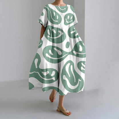 AS | Nové letní dámské šaty Výstižné elegantní kulatý výstřih krátké rukávy dlouhé růžové puntíkaté nepravidelné potištěné pohodlné midi šaty