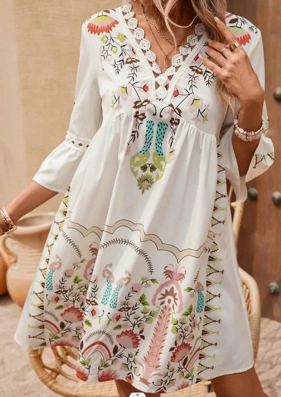 AS | 2025 Dámské šaty Letní dovolená V-Neck dlouhý rukáv květinový tisk Beach Party šaty Sexy Mini oblečení pro ženy Vestidos