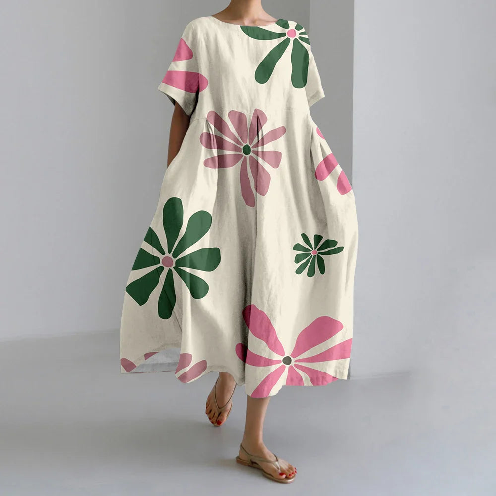 AS | Nové letní dámské šaty Výstižné elegantní kulatý výstřih krátké rukávy dlouhé růžové puntíkaté nepravidelné potištěné pohodlné midi šaty