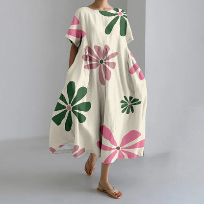 AS | Nové letní dámské šaty Výstižné elegantní kulatý výstřih krátké rukávy dlouhé růžové puntíkaté nepravidelné potištěné pohodlné midi šaty