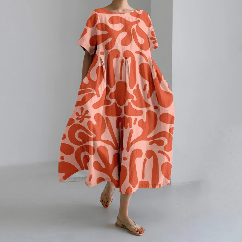 AS | Nové letní dámské šaty Výstižné elegantní kulatý výstřih krátké rukávy dlouhé růžové puntíkaté nepravidelné potištěné pohodlné midi šaty