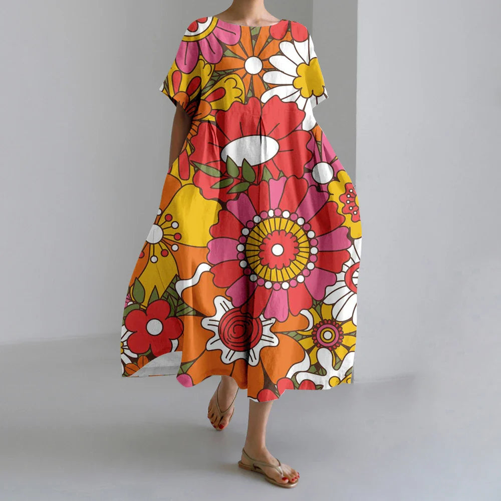 AS | Nové letní dámské šaty Výstižné elegantní kulatý výstřih krátké rukávy dlouhé růžové puntíkaté nepravidelné potištěné pohodlné midi šaty