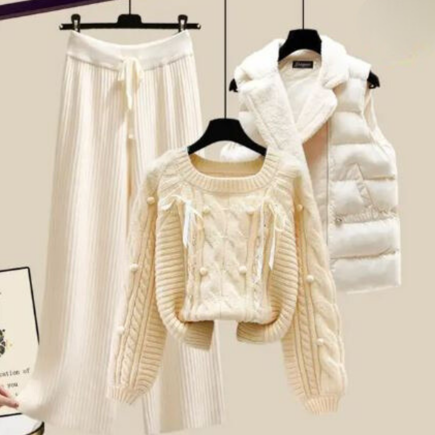 AS | Třídílné dámské sako do vesty, volný svetr a široké kalhoty s nohavicemi