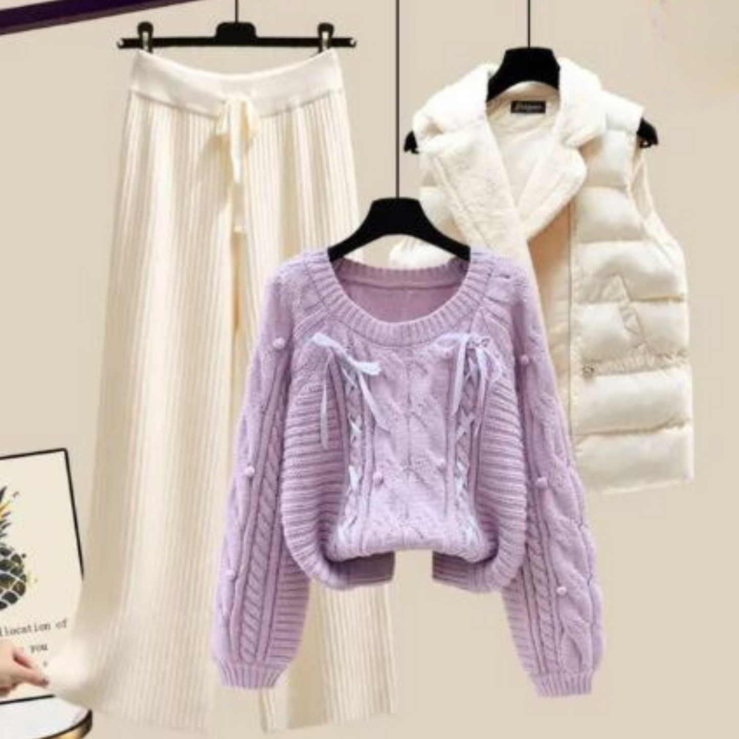 AS | Třídílné dámské sako do vesty, volný svetr a široké kalhoty s nohavicemi