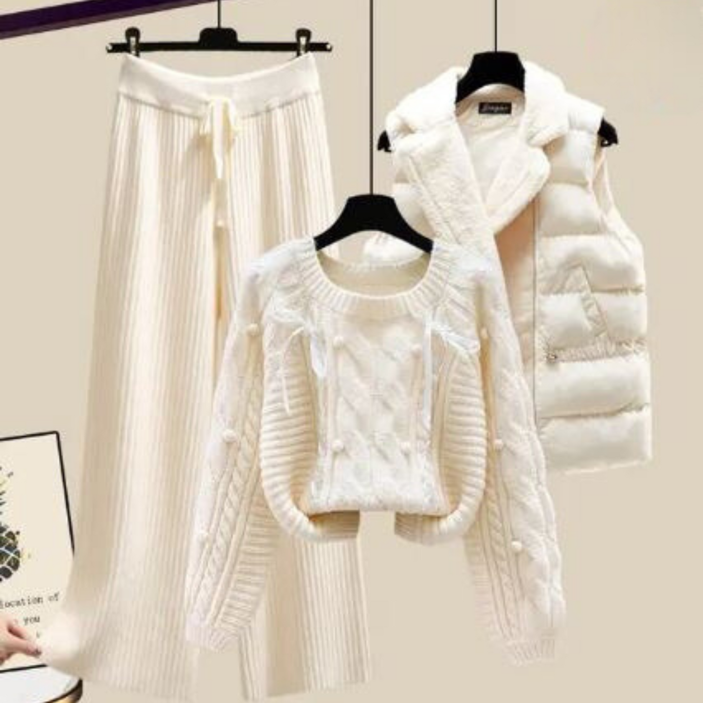 AS | Třídílné dámské sako do vesty, volný svetr a široké kalhoty s nohavicemi