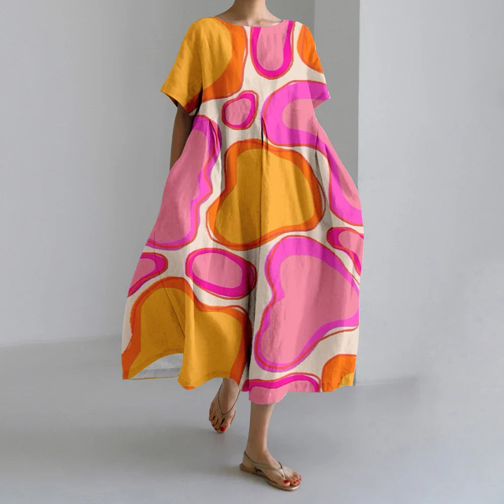 AS | Nové letní dámské šaty Výstižné elegantní kulatý výstřih krátké rukávy dlouhé růžové puntíkaté nepravidelné potištěné pohodlné midi šaty