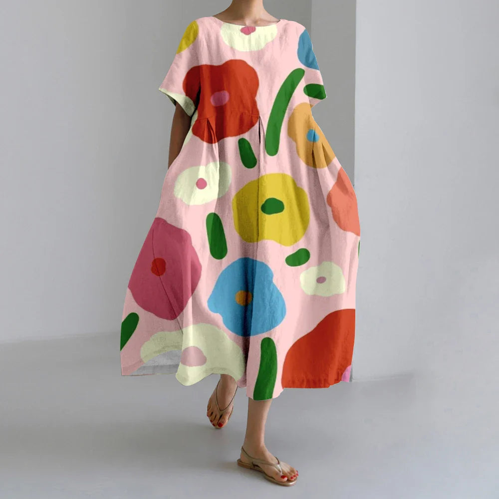 AS | Nové letní dámské šaty Výstižné elegantní kulatý výstřih krátké rukávy dlouhé růžové puntíkaté nepravidelné potištěné pohodlné midi šaty