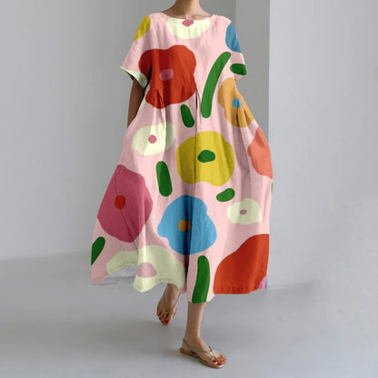 AS | Nové letní dámské šaty Výstižné elegantní kulatý výstřih krátké rukávy dlouhé růžové puntíkaté nepravidelné potištěné pohodlné midi šaty