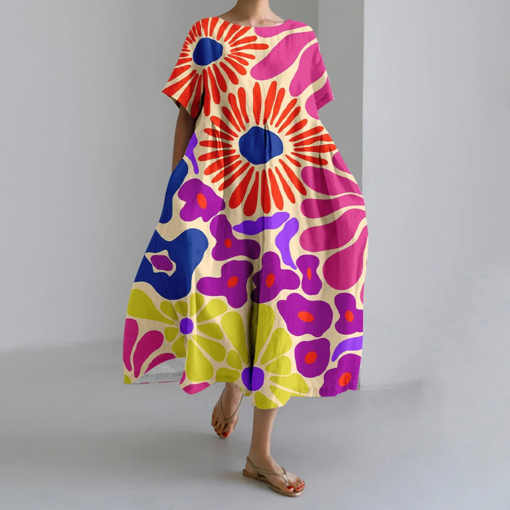 AS | Nové letní dámské šaty Výstižné elegantní kulatý výstřih krátké rukávy dlouhé růžové puntíkaté nepravidelné potištěné pohodlné midi šaty