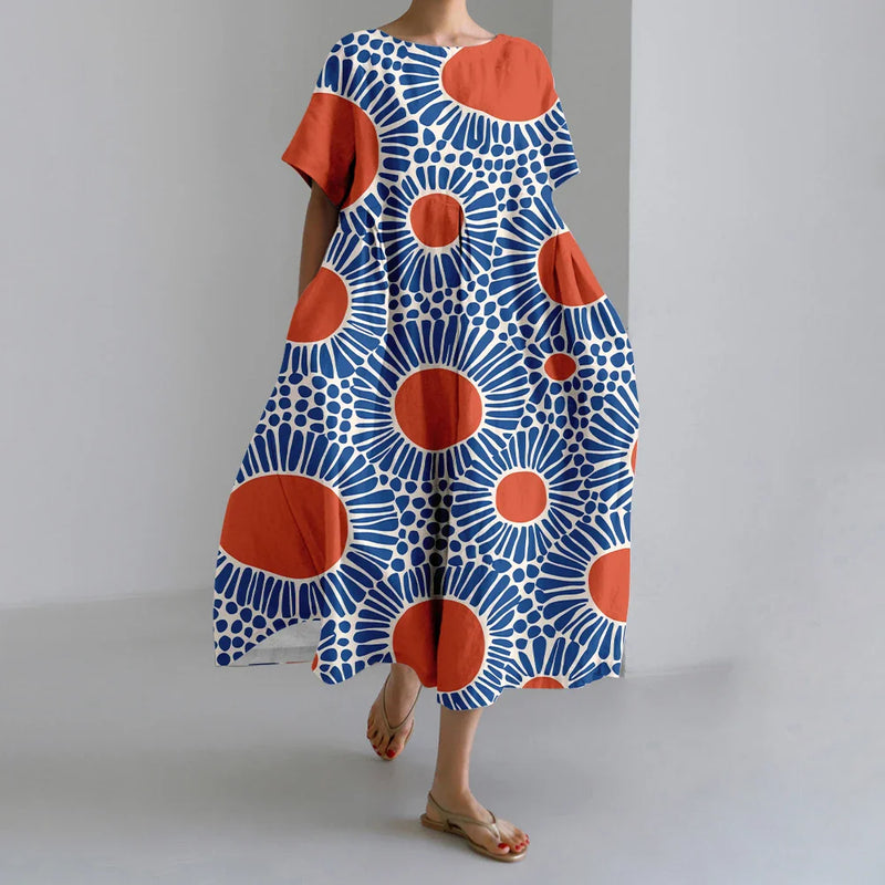 AS | Nové letní dámské šaty Výstižné elegantní kulatý výstřih krátké rukávy dlouhé růžové puntíkaté nepravidelné potištěné pohodlné midi šaty