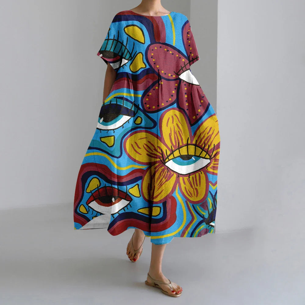 AS | Nové letní dámské šaty Výstižné elegantní kulatý výstřih krátké rukávy dlouhé růžové puntíkaté nepravidelné potištěné pohodlné midi šaty