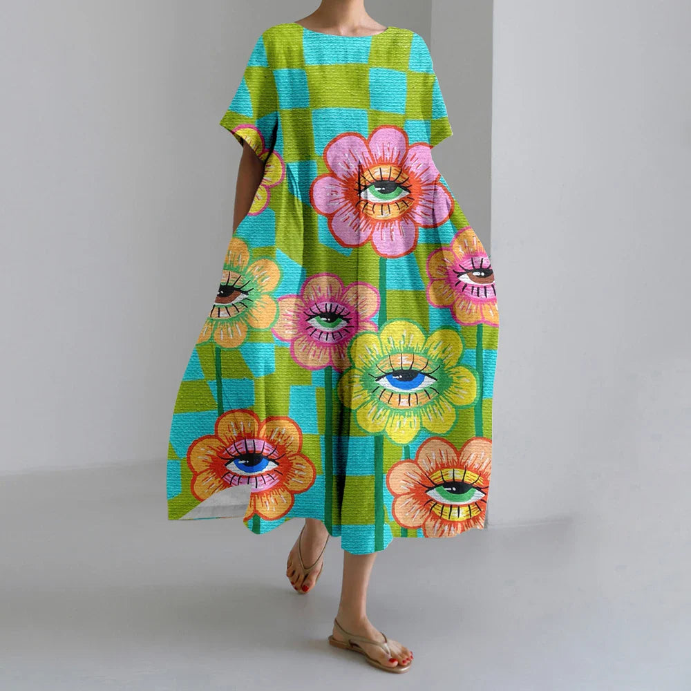 AS | Nové letní dámské šaty Výstižné elegantní kulatý výstřih krátké rukávy dlouhé růžové puntíkaté nepravidelné potištěné pohodlné midi šaty