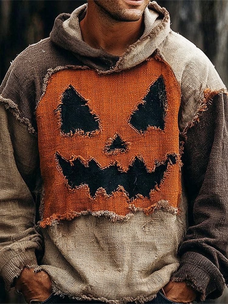 Halloween Pumpkin Face Distressed Patchwork Men's Vintage Linen Hoodie artswardrobe