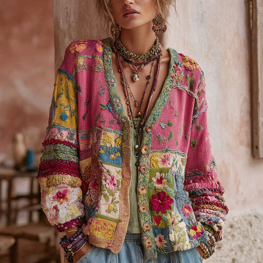 Women's Vintage Bohemian Floral Embroidery Patchwork Art V Neck Cardigan Sweater artswardrobe