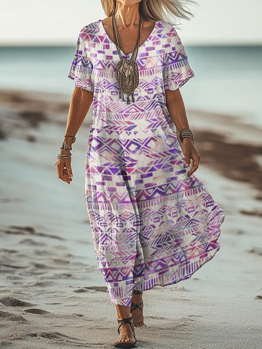 Women's Art Floral Hippie Vintage Print V Neck Dress