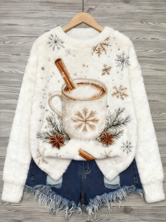 Vintage Christmas Coffee Pattern Cozy Plush Sweater