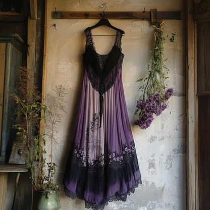 Boho Floral Embroidered Pattern Lace Patchwork Art Linen Dress artswardrobe