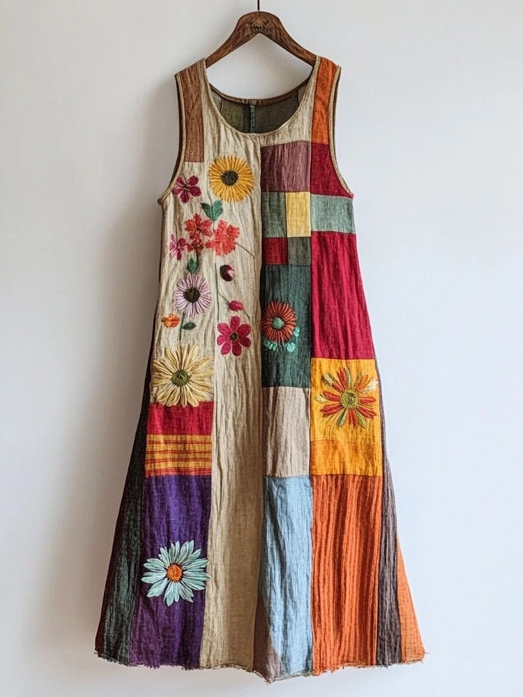 Colorful Patchwork Floral Embroidered Linen Blend Dress artswardrobe