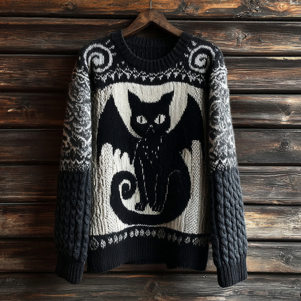 Comstylish Halloween Black Cat With Bat Wings Women's Crew Neck Knit Sweater