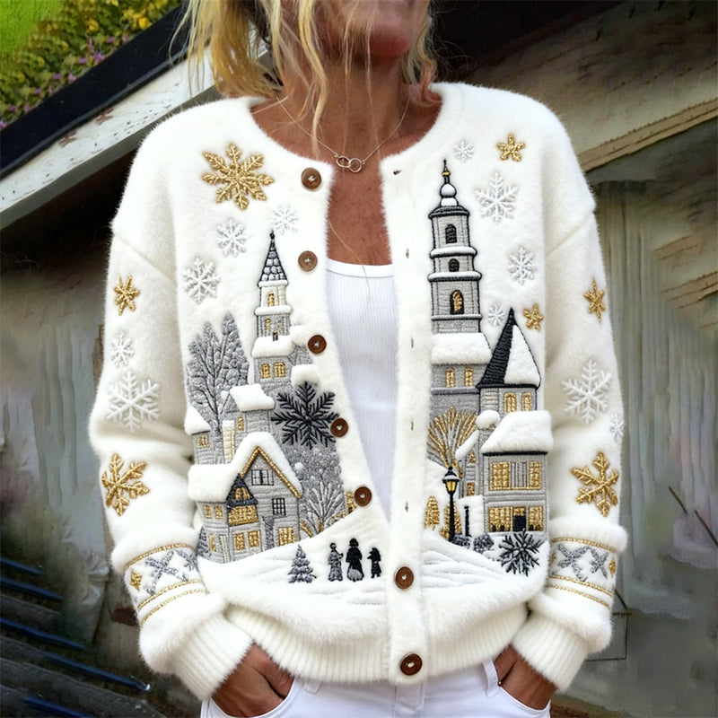Fleecový cardigan s motivem architektury zasněžené zimní vesnice