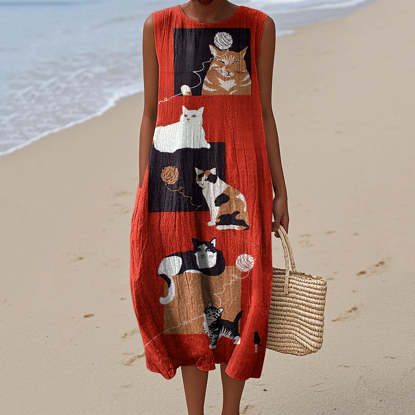 Women's Vintage Japanese Cat Art Pattern Cotton And Linen Dress artswardrobe