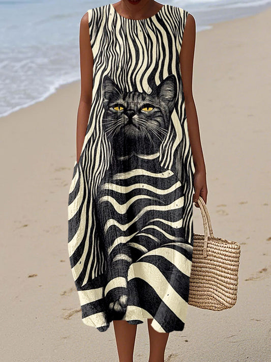 Comstylish Funny Cat Art Pattern Crew Neck Linen Midi Dress