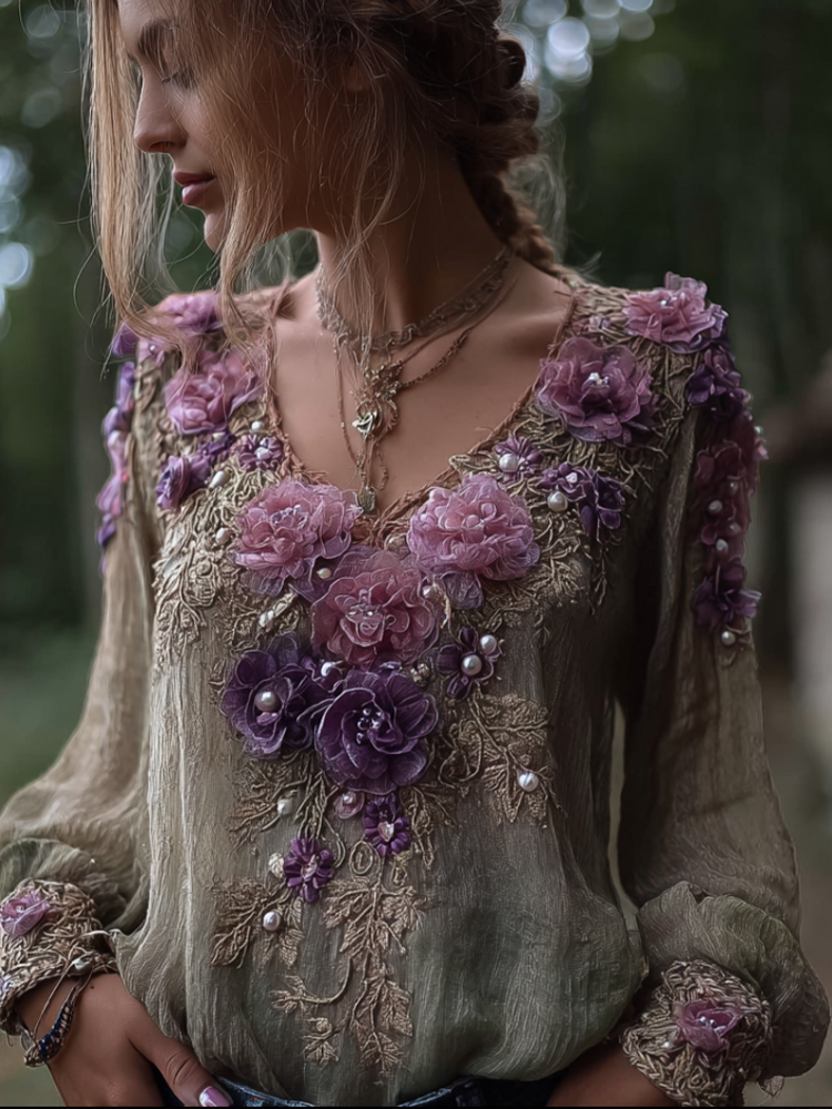 Comstylish Bohemian Style Round Neck Long Sleeve 3d Purple Flower Design Cotton And Linen Top For Women