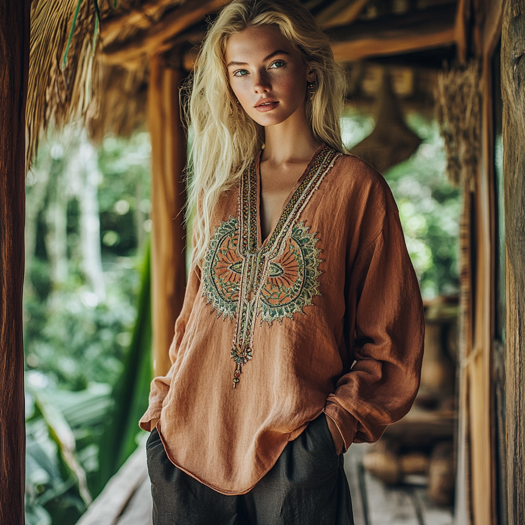 Vintage Pomace Embroidered Linen V-neck Long Sleeve T-shirt artswardrobe