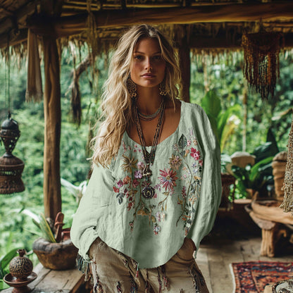 Comstylish Retro Bohemian Floral Embroidery Art Graphics Cotton And Linen Blend Loose Blouse