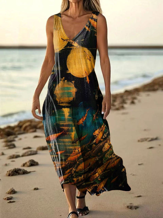 Women's Vintage Moon Koi Pattern Art Print Pocket Cotton Dresses