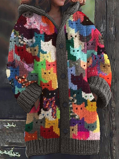 Colorful Cats Knit Art Cozy Hooded Cardigan elevenforest
