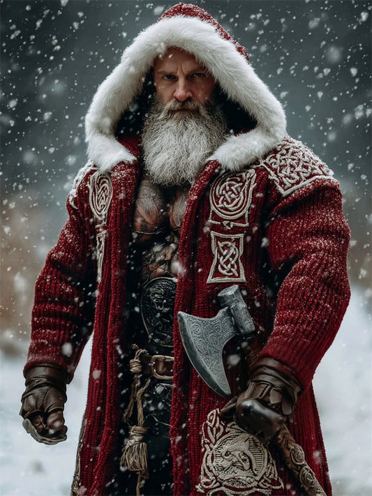 Comstylish Men's Christmas Viking Santa Celtic Knot Fur Trim Hooded Long Cardigan