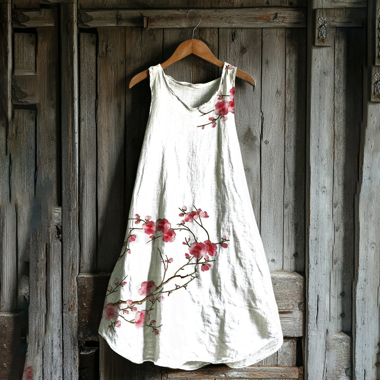 Vintage Cherry Blossom Art Linen Blend Tank Dress artswardrobe