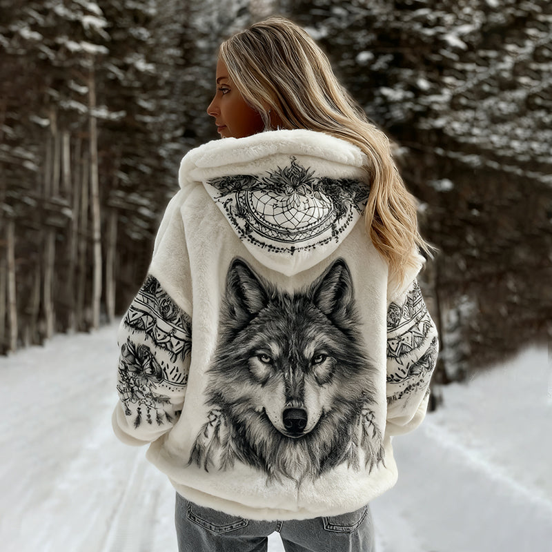 Comstylish Women's Viking Celtic Wolf Tribal Pattern Art Cozy Flannel Hooded