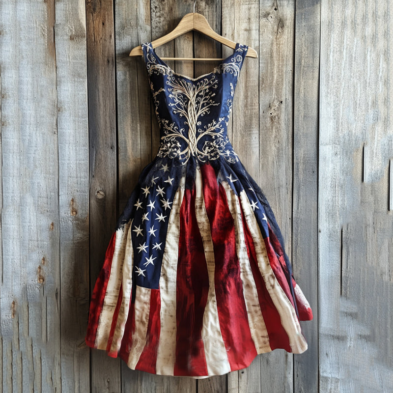 Vintage Boho Independence Day With Life Of Tree Art Embroidered Cozy Linen Midi Dress artswardrobe