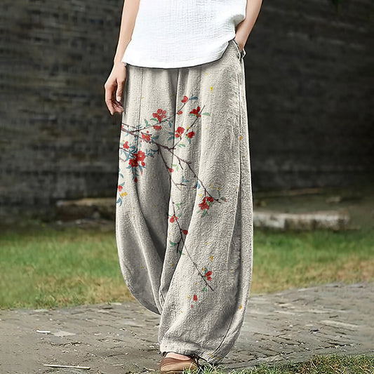Comstylish Women's Floral Art Pocket Loose Casual Pants