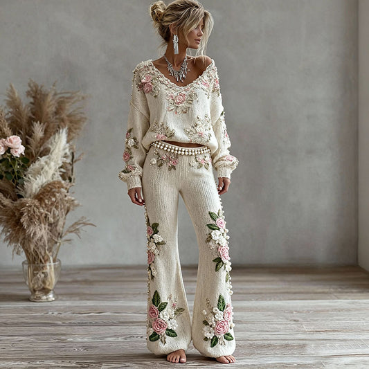 Comstylish Women's Pink Floral Embroidered Art Knit Pants