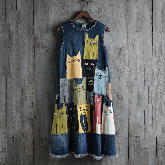 Comstylish Women's Vintage Colorful Cat Denim Print Vest Midi Dress