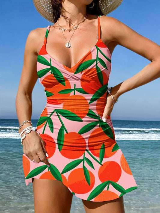 V-Neck Fruit Print Suspender Skirt Tankini Pantskirt Set Swimsuit