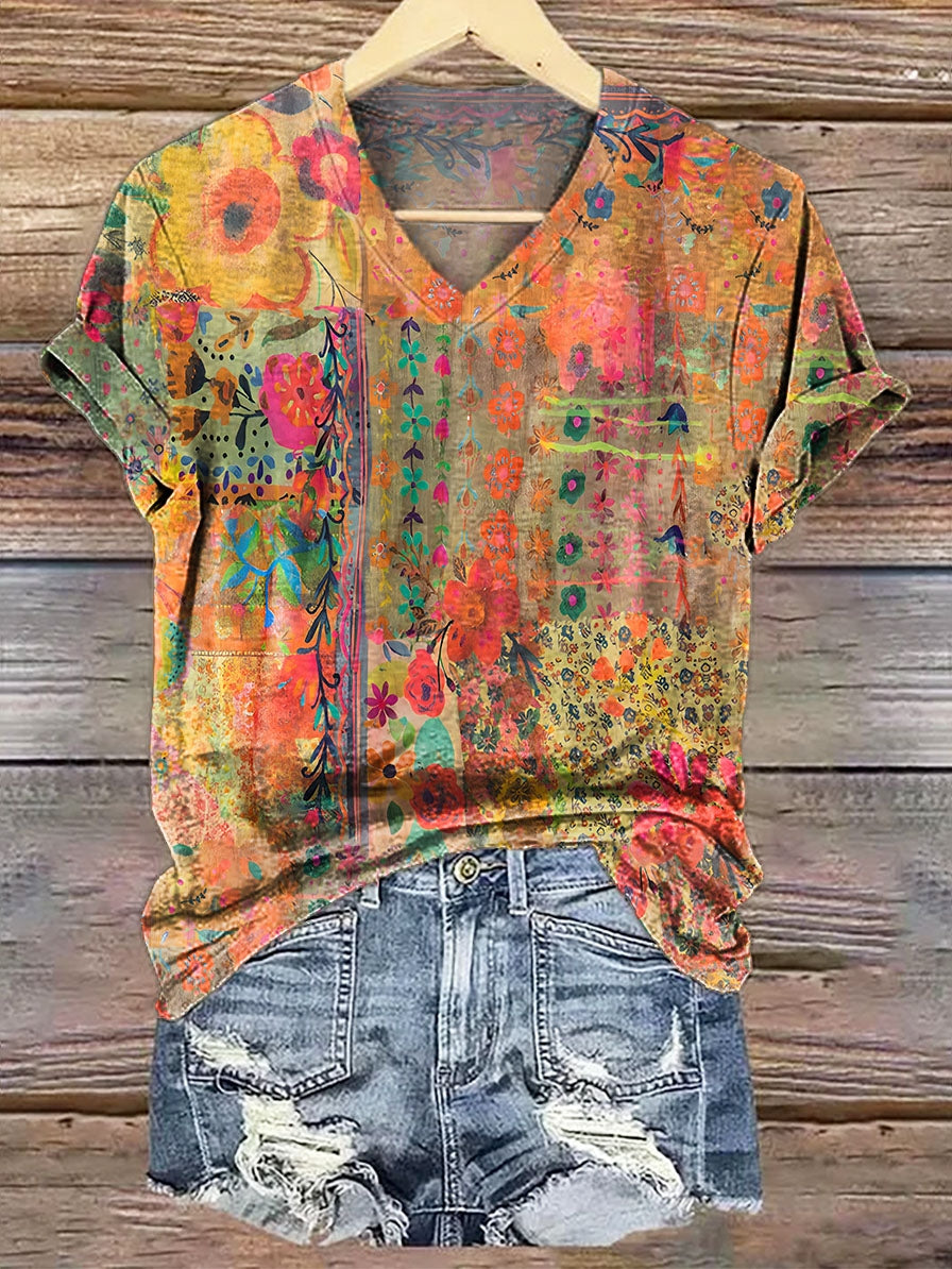Women's Bohemian Floral Print Casual V-Neck Cotton T-Shirt