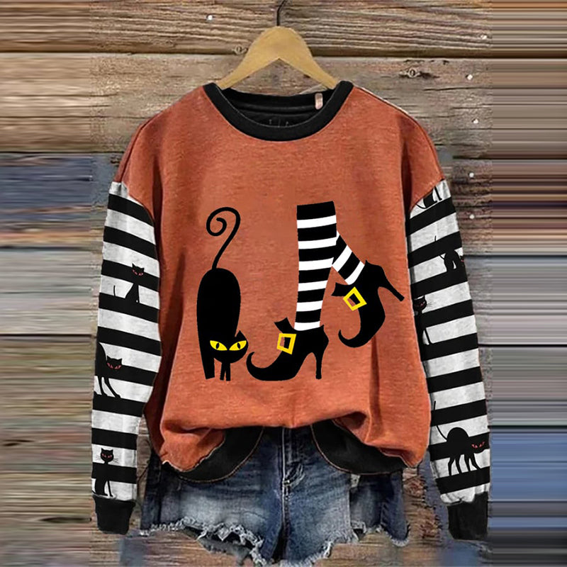 Comstylish Women's Witch And Cat Print Crew Neck Sweatshirt