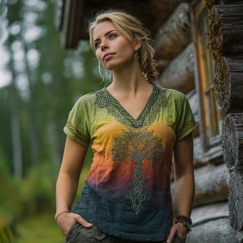Vintage Viking Life Of Tree Gradient Art Women's Linen V Neck T-shirt artswardrobe