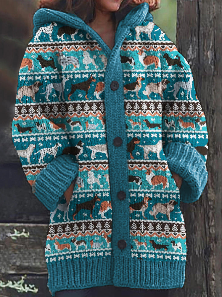 Comstylish Dogs Of Breeds Inspired Cozy Knit Hooded Isle Cardigan
