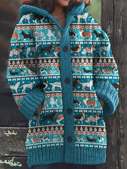 Comstylish Dogs Of Breeds Inspired Cozy Knit Hooded Isle Cardigan