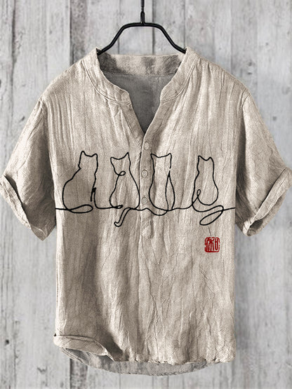 Japanese Cat Print Men's Linen V-Neck Shirt elevenforest