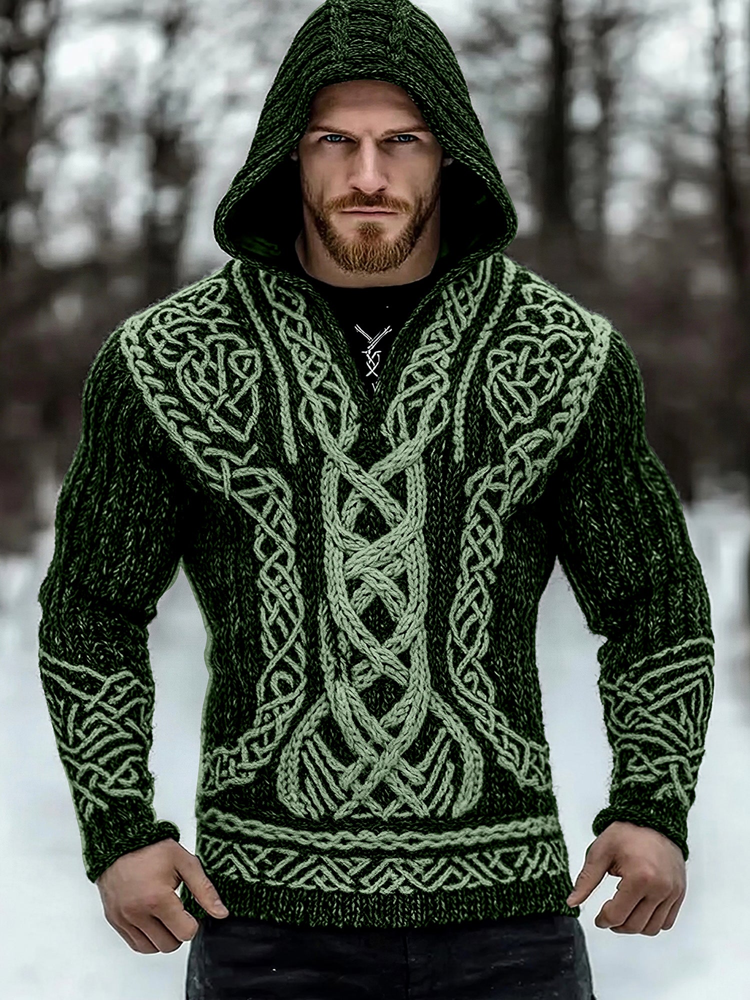 Men's Viking Tribal Jacquard Inspired Celtic Hooded Sweater artswardrobe