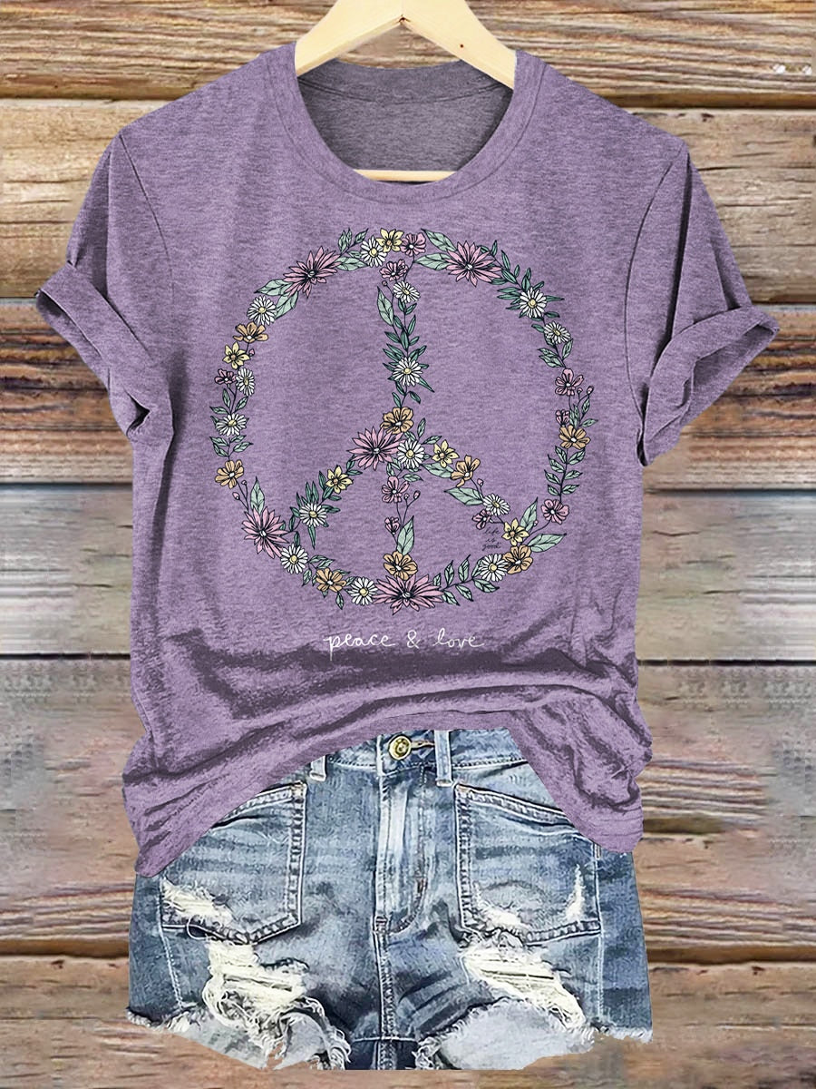 Wildflower Love Peace Print Crew Neck T-shirt