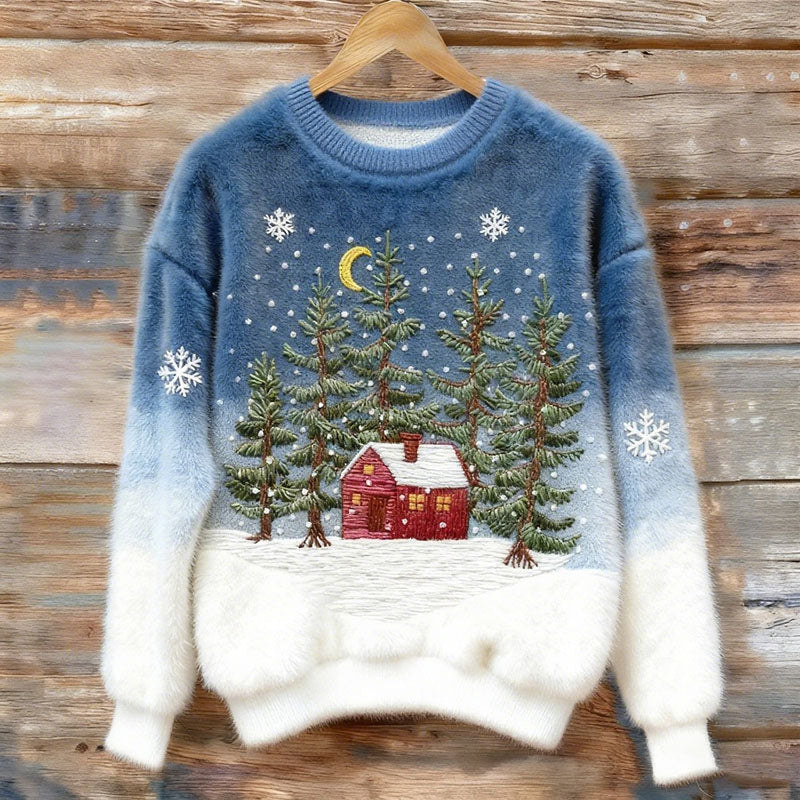 Christmas Red House In Snowflake And Christmas Tree Forest Art Women's Cozy Plush Sweater