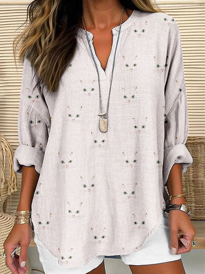Cute Cat Face Pattern Linen Blend Cozy Shirt elevenforest